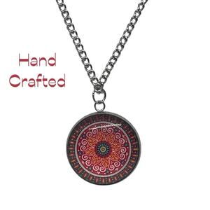 Hand Crafted Red Silver Mandala Pendant Necklace & Earrings Set NWT OS